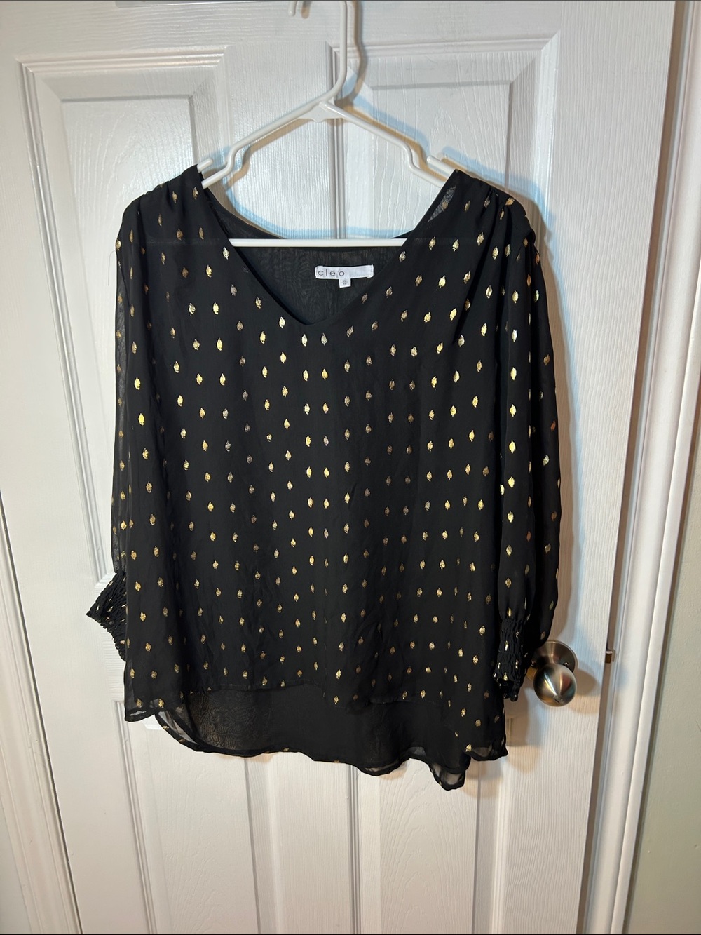 Cleo Black V-Neck Blouse with Gold Dot Accents Sheer size XL 3/4 length sleeve